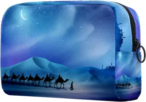 Arabian and Camel on Desert Islamic Background Cosmetic Makeup Bags, Small Travel Zipper Pouch Portable Toiletry Bag Makeup Organizer for Women Teen Girls