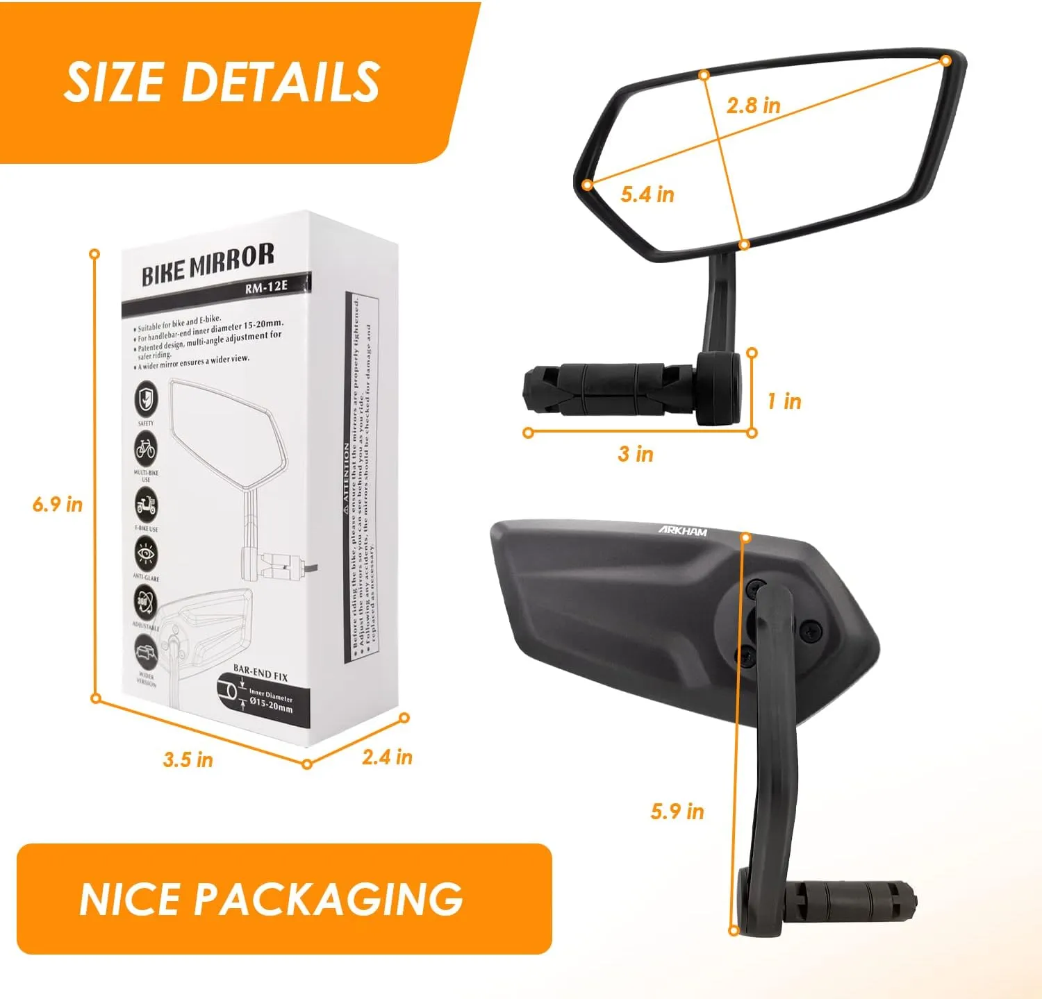 Arkham Bike Mirror for Handlebar HD Bar End Bicycle Mirror Thickened Auto-Grade Glass for Handlebar Rearview Mirror Multi-Angle Adjustable, Essential Bike Tool for Bicyclists E-Bike Universal(Right)