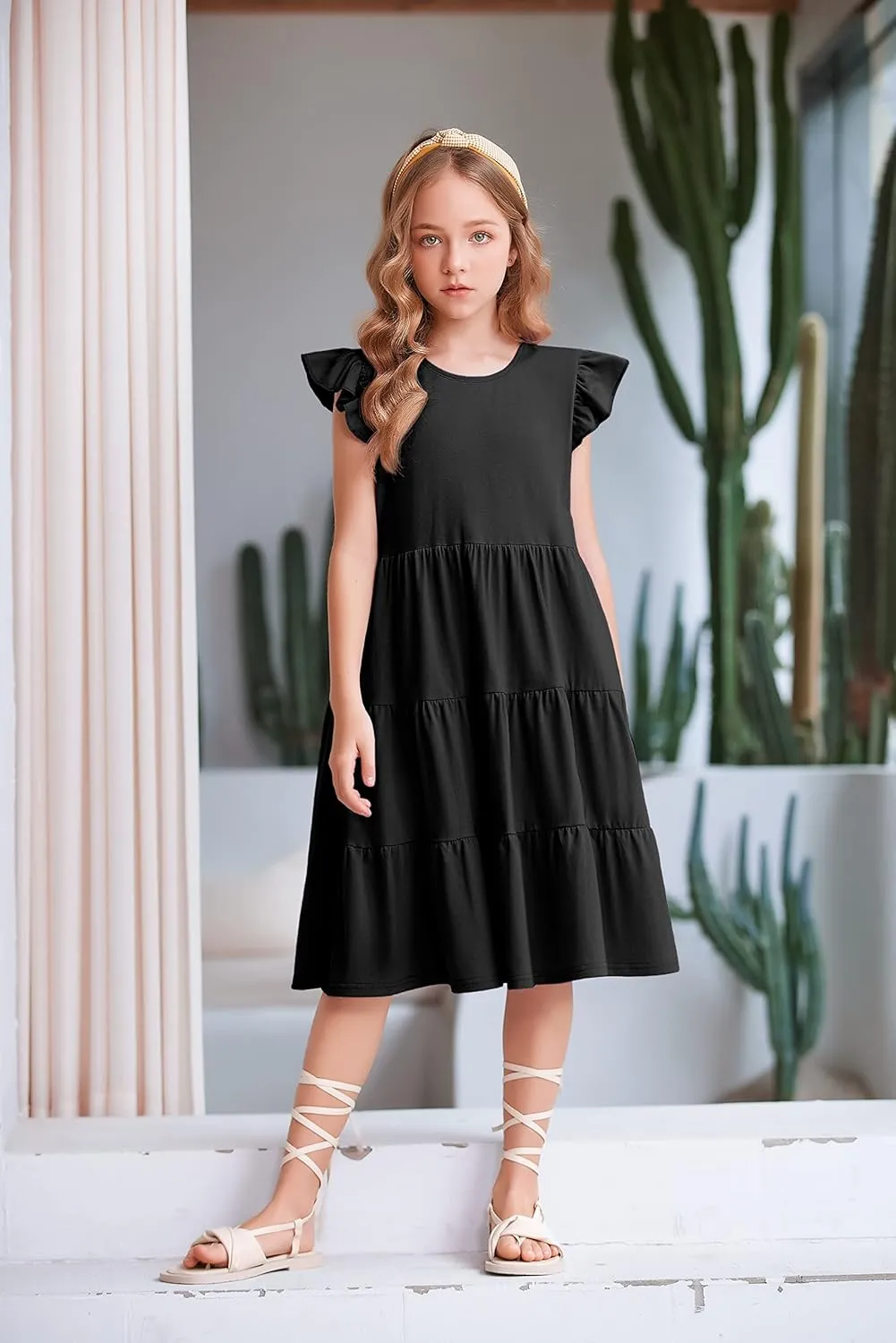 Arshiner Girl's Summer Dresses Ruffle Sleeve Tiered Swing Midi Casual Sundress with Pockets