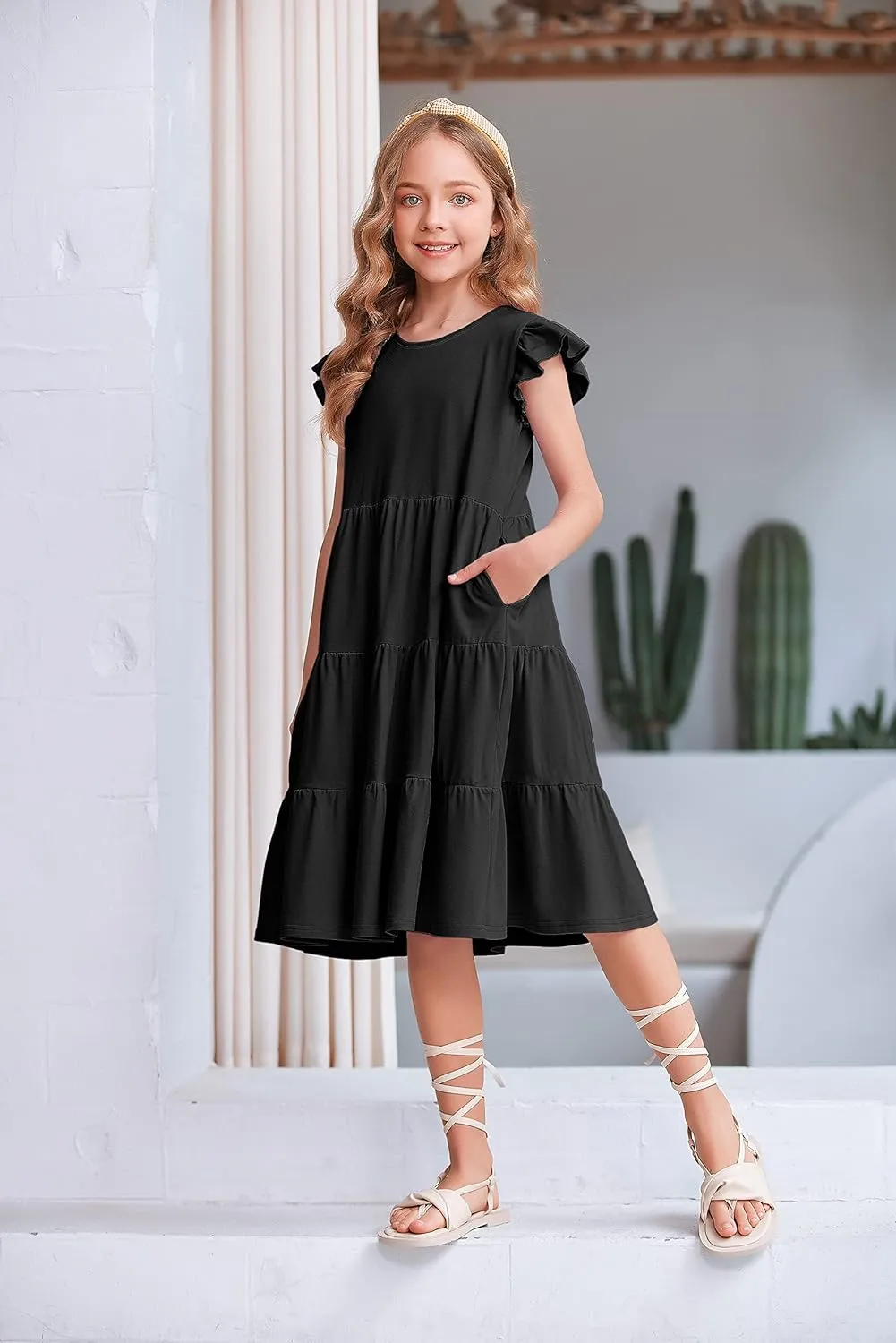 Arshiner Girl's Summer Dresses Ruffle Sleeve Tiered Swing Midi Casual Sundress with Pockets