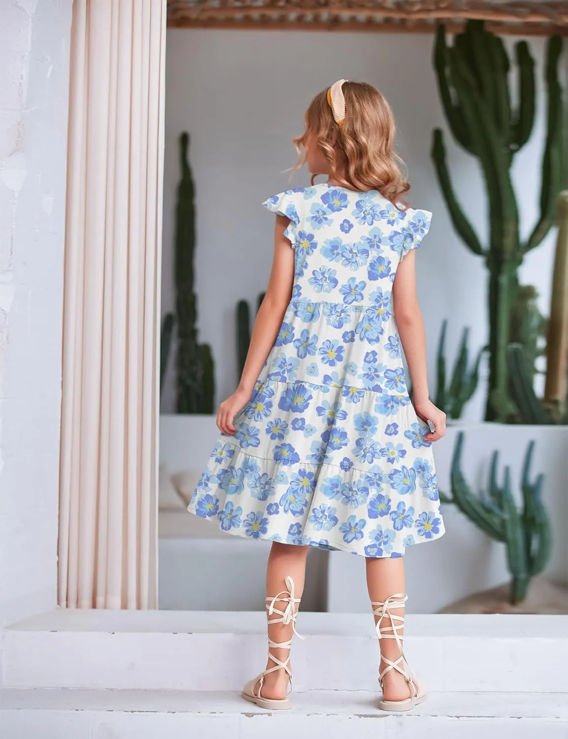 Arshiner Girl's Summer Dresses Ruffle Sleeve Tiered Swing Midi Casual Sundress with Pockets