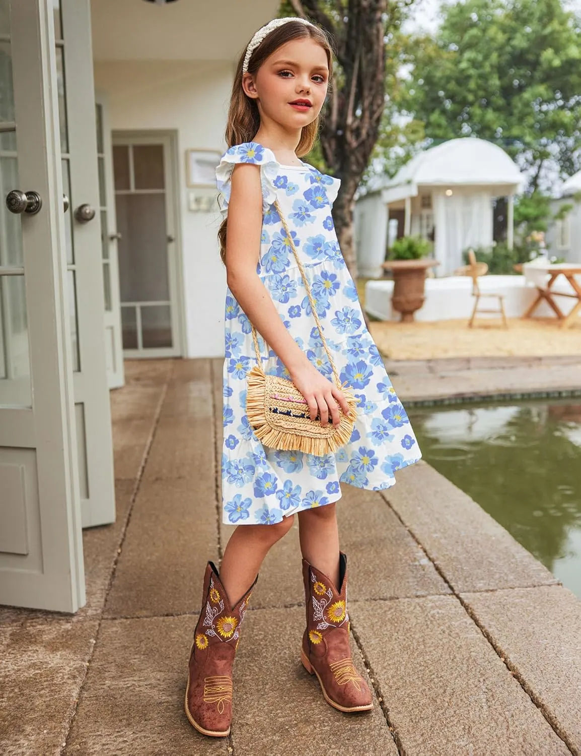 Arshiner Girl's Summer Dresses Ruffle Sleeve Tiered Swing Midi Casual Sundress with Pockets