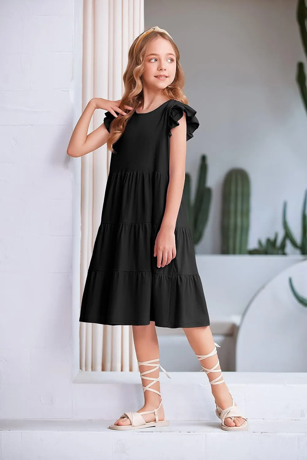 Arshiner Girl's Summer Dresses Ruffle Sleeve Tiered Swing Midi Casual Sundress with Pockets