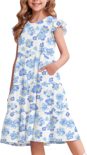 Arshiner Girl's Summer Dresses Ruffle Sleeve Tiered Swing Midi Casual Sundress with Pockets