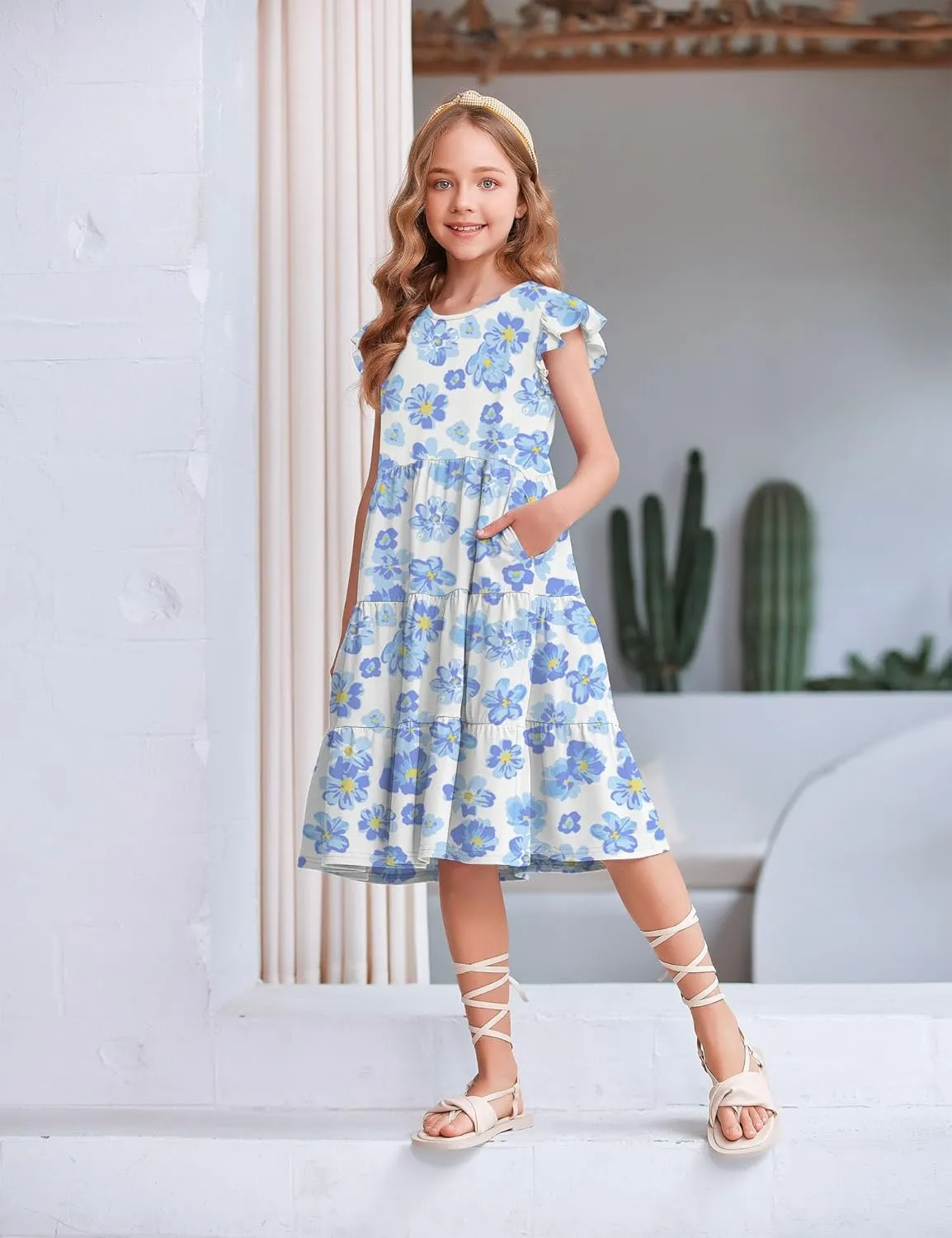 Arshiner Girl's Summer Dresses Ruffle Sleeve Tiered Swing Midi Casual Sundress with Pockets