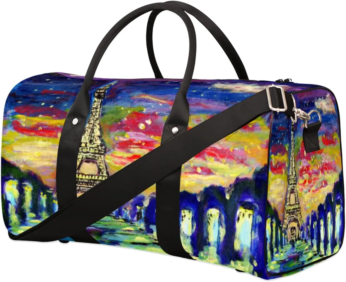 Art Painting France Paris Eiffel Tower Travel Duffel Bag, Foldable Sport Gym Tote Bag, Waterproof Weekender Overnight Bag with Shoulder Strap, Carry On Luggage Handbag for Men and Women