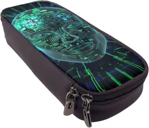 Artificial Intelligence Brain Printed Pencil Case Leather Flip Stationery Bag Pen Pouch Holder with Zipper for School Travel Office, Black, One Size, Make-Up Pouch