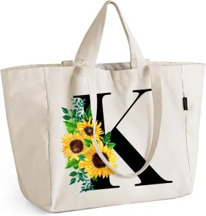 AUSVKAI Canvas Tote Bag for Women, Sunflower Grocery Bags with zipper, Interior Pocket and Long Shoulder Strap Short Handle
