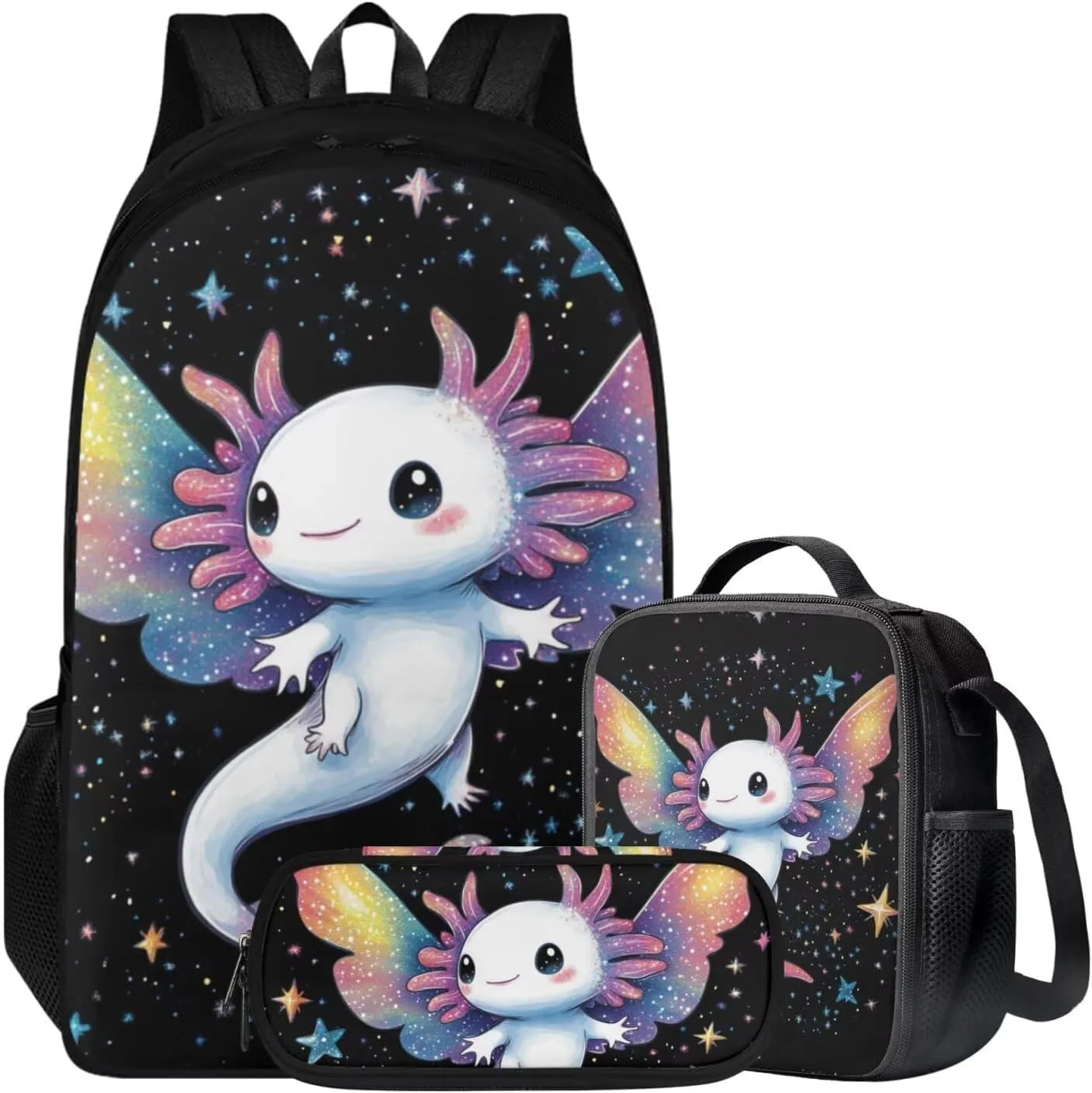 Axolotl Backpack with Lunchbox Large Capacity 3 Pcs Girls Book Bags Ages 12-15 Lovely Little Girls Bookbag with Lunch Box Travel Daypack 5th Grade