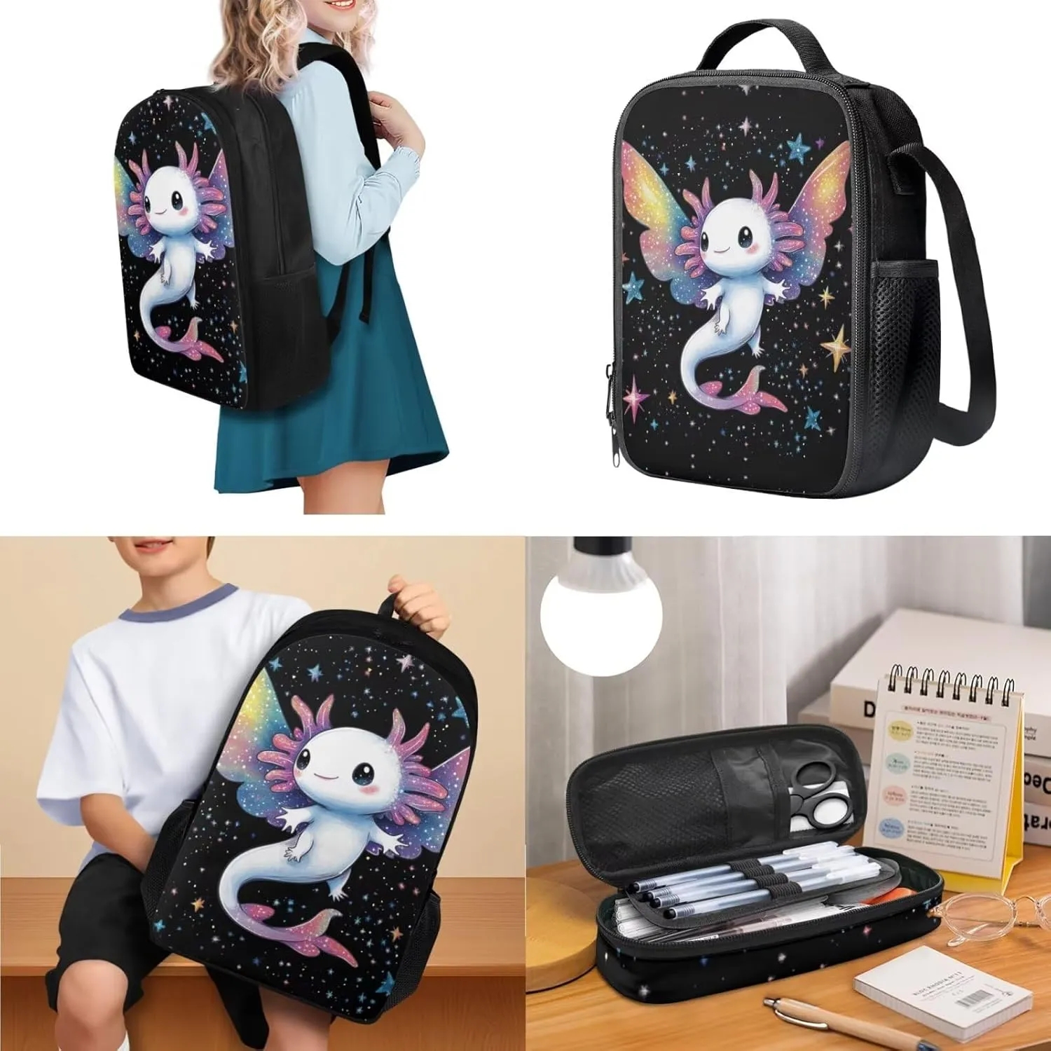 Axolotl Backpack with Lunchbox Large Capacity 3 Pcs Girls Book Bags Ages 12-15 Lovely Little Girls Bookbag with Lunch Box Travel Daypack 5th Grade