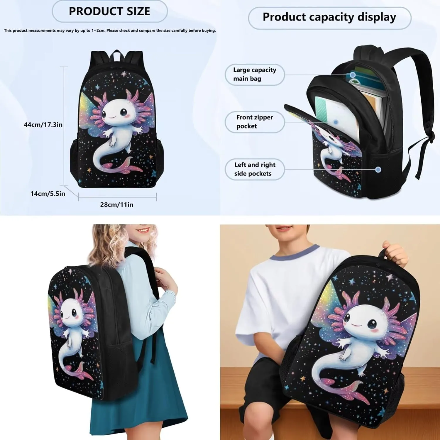 Axolotl Backpack with Lunchbox Large Capacity 3 Pcs Girls Book Bags Ages 12-15 Lovely Little Girls Bookbag with Lunch Box Travel Daypack 5th Grade