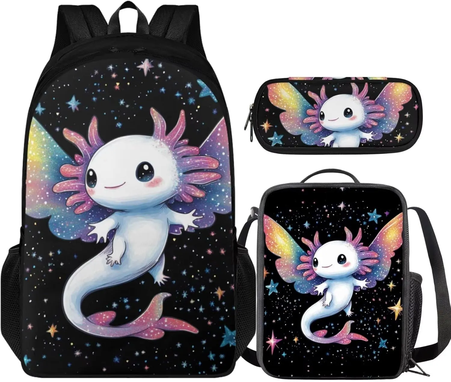 Axolotl Backpack with Lunchbox Large Capacity 3 Pcs Girls Book Bags Ages 12-15 Lovely Little Girls Bookbag with Lunch Box Travel Daypack 5th Grade