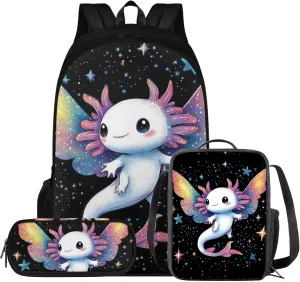Axolotl Backpack with Lunchbox Large Capacity 3 Pcs Girls Book Bags Ages 12-15 Lovely Little Girls Bookbag with Lunch Box Travel Daypack 5th Grade