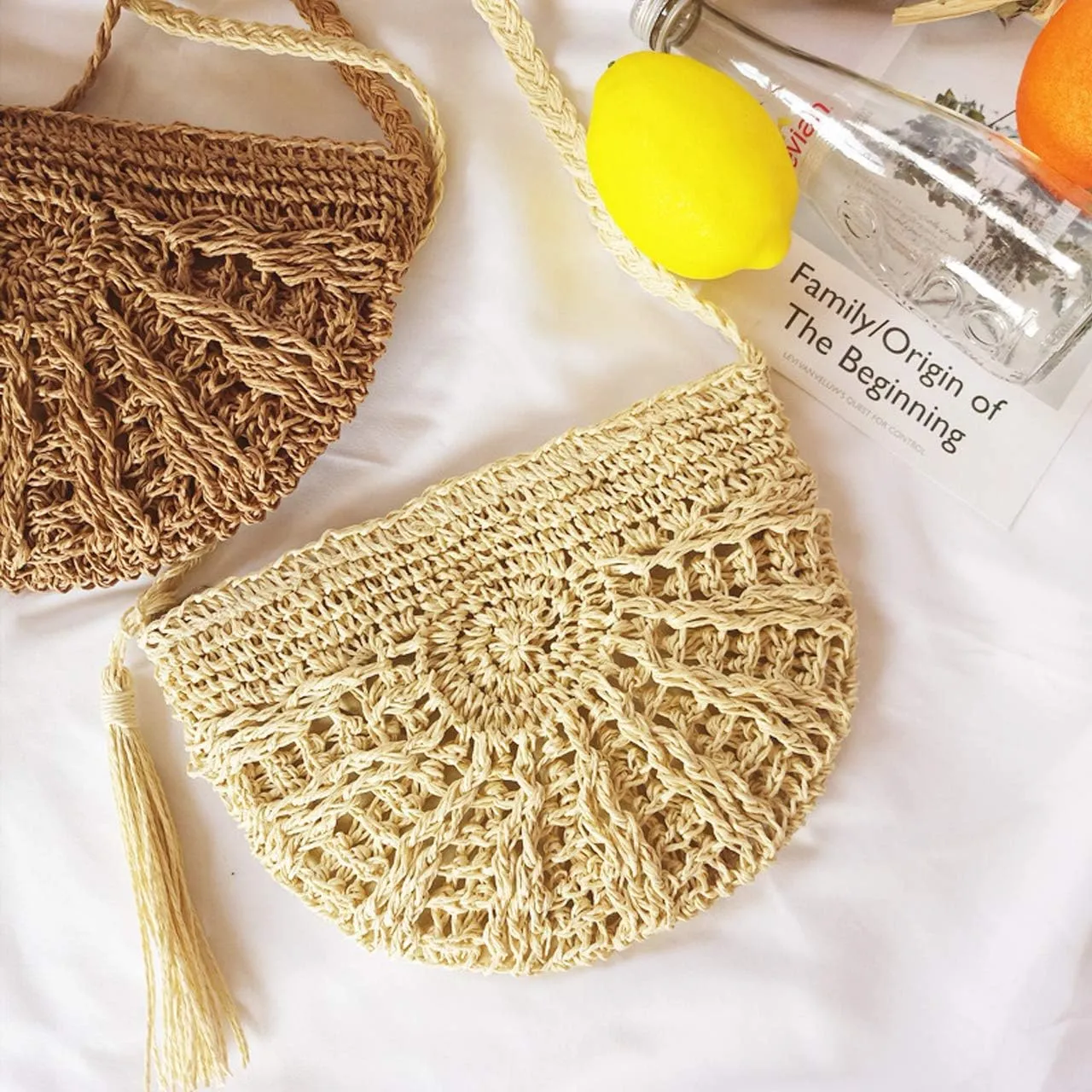 Ayliss Women Straw Crossbody Purse Beach Handmade Woven Shoulder Bag with Tassels