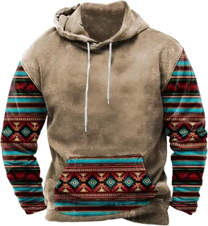 Aymnlox Hoodies for Men Western Aztec Ethnic Lightweight Hooded Sweatshirts Casual Long Sleeve Ethnic Print Loose Pullover