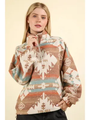 Aztec Printed Henley Woven Pullover Top-Cream Mix