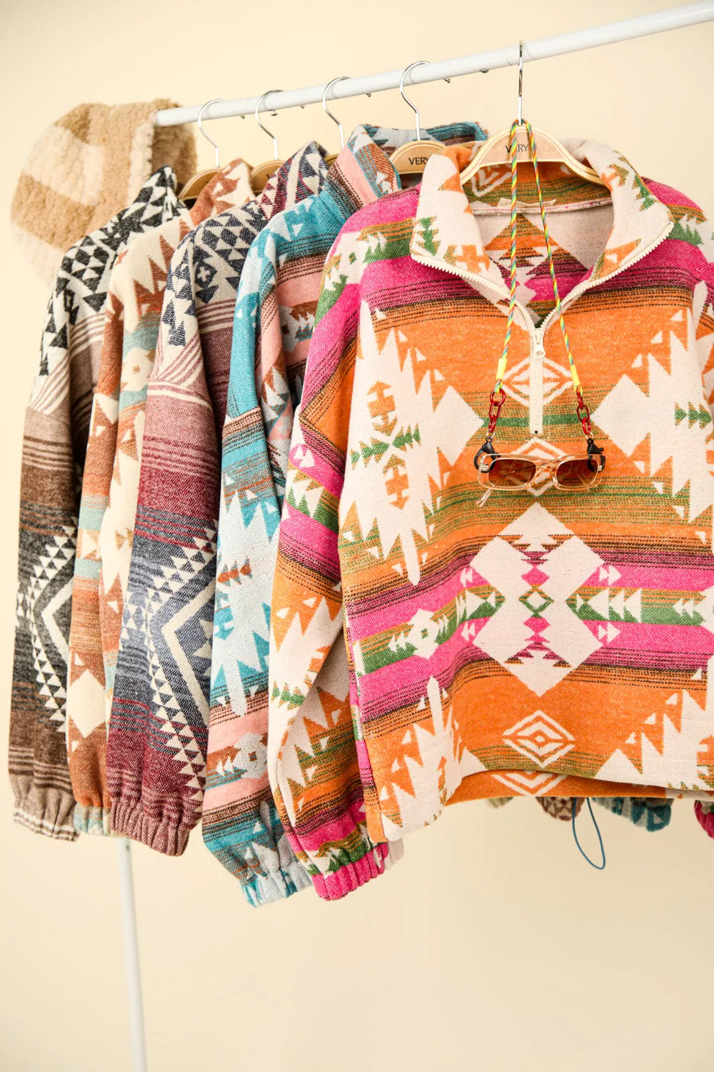 Aztec Printed Henley Woven Pullover Top-Cream Mix