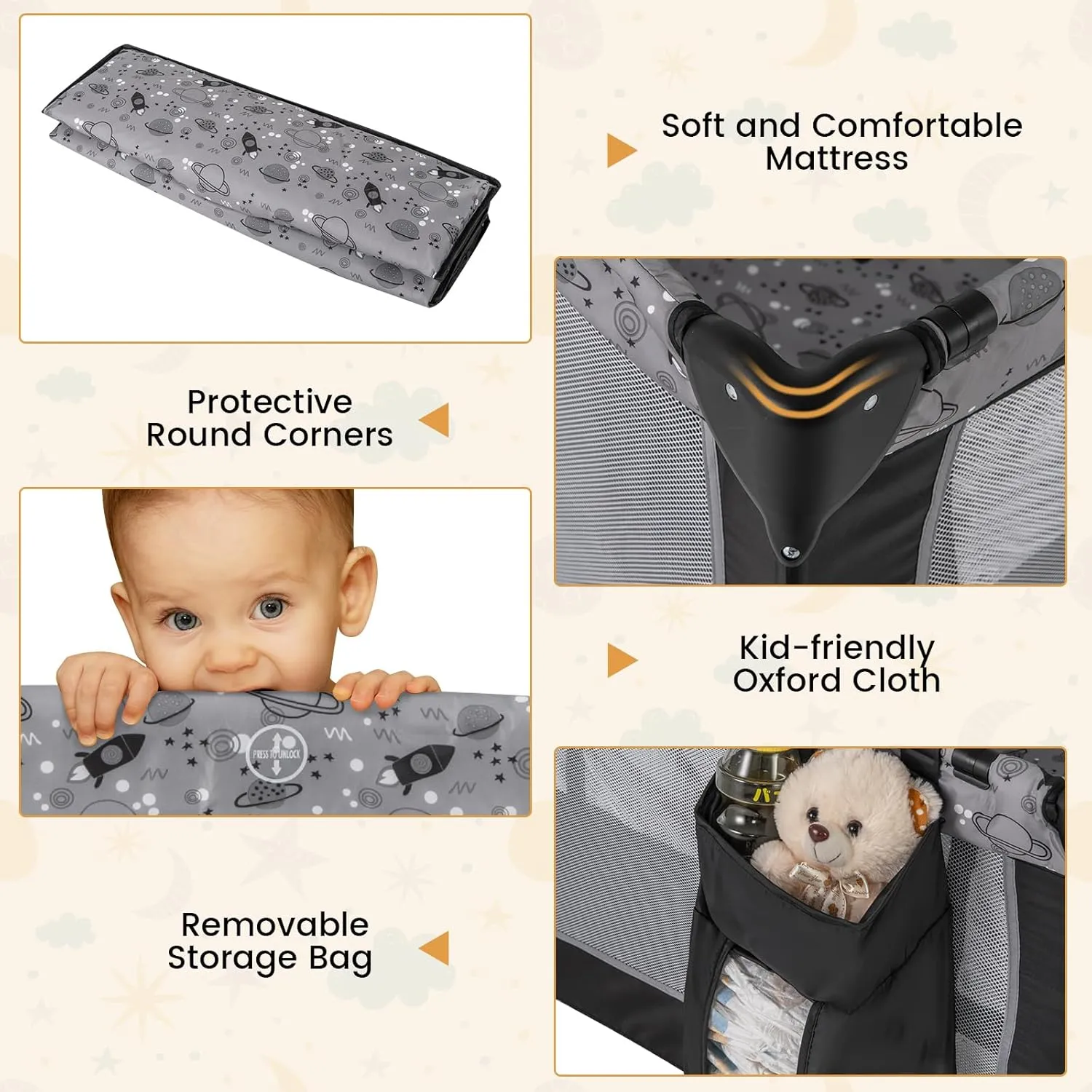 BABY JOY 3 in 1 Pack and Play, Portable Baby Playard with Bassinet, Changing Table, Lockable Wheels, Glowing Music Box, Travel Baby Crib Bassinet Bed from Newborn to Toddler