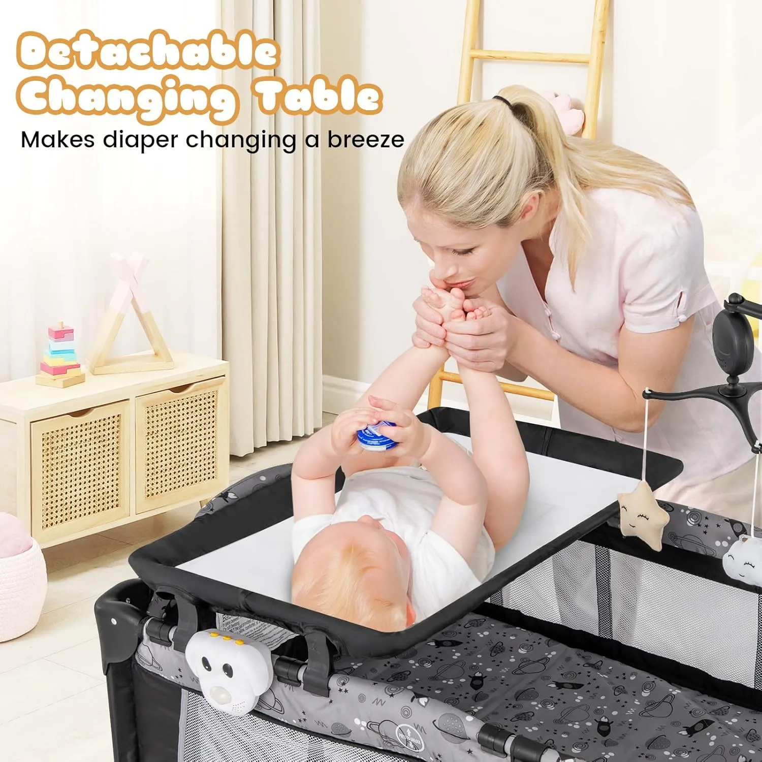 BABY JOY 3 in 1 Pack and Play, Portable Baby Playard with Bassinet, Changing Table, Lockable Wheels, Glowing Music Box, Travel Baby Crib Bassinet Bed from Newborn to Toddler