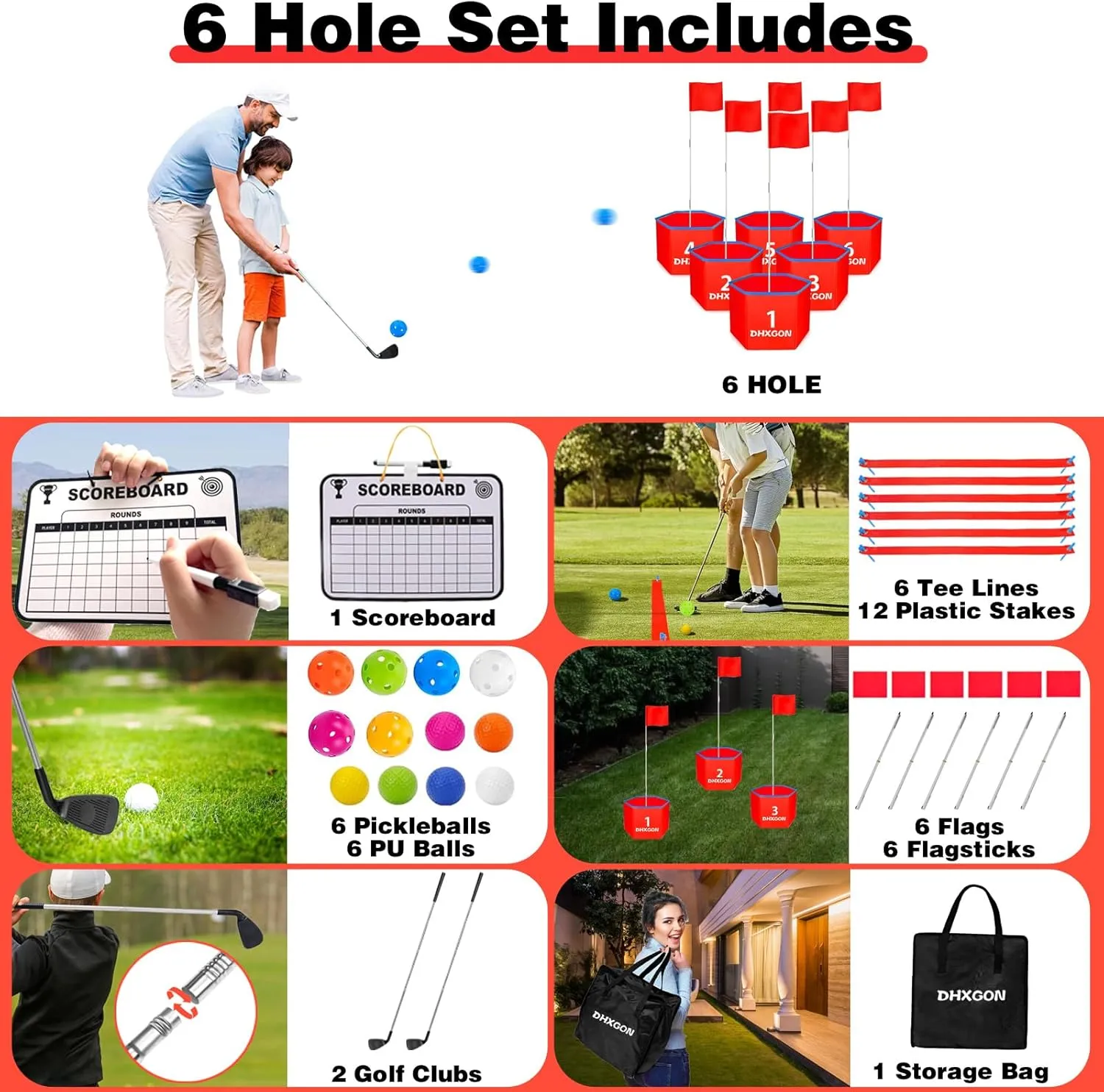 Backyard Golf Game with 2 Clubs, Portable 6 Hole Golf Course for Golf Practice Game, Outdoor Yard Golf Chipping Game for Family and Adults, Beach, Park, Lawn, Field Day Reunion Party Games
