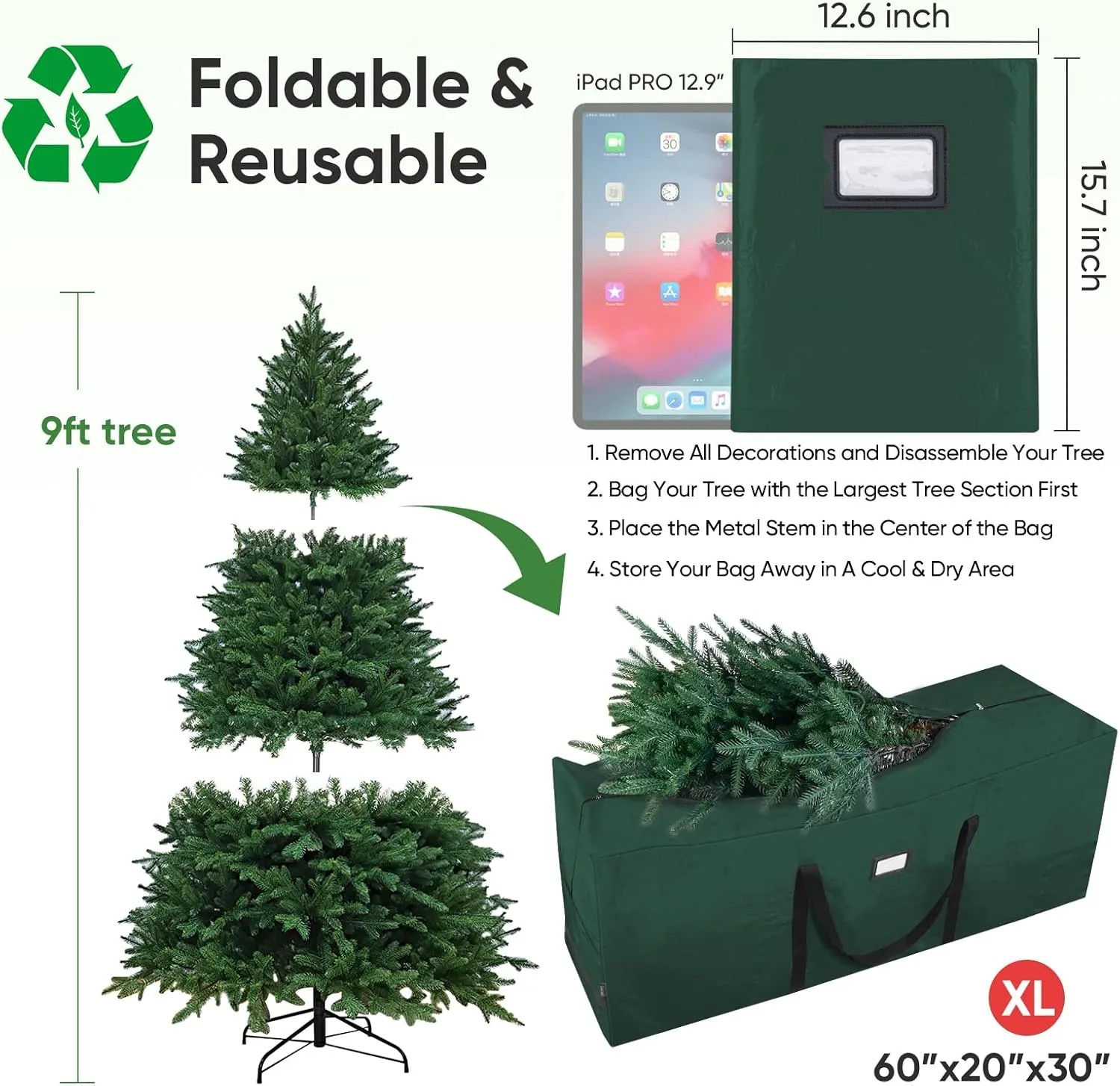 BALEINE 9 ft Christmas Tree Storage Bag, Heavy Duty Extra Large Artificial Christmas Tree Bag with Reinforced Handles and Dual Zippers Wide Opening (Green, 9 ft)