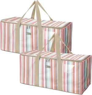 BALEINE Extra Large Storage Tote with Zippers & Carrying Handles, Heavy-Duty Oxford Fabric Moving Bags for Laundry, Space Saving, Storage, 2-Pack, Color Stripe