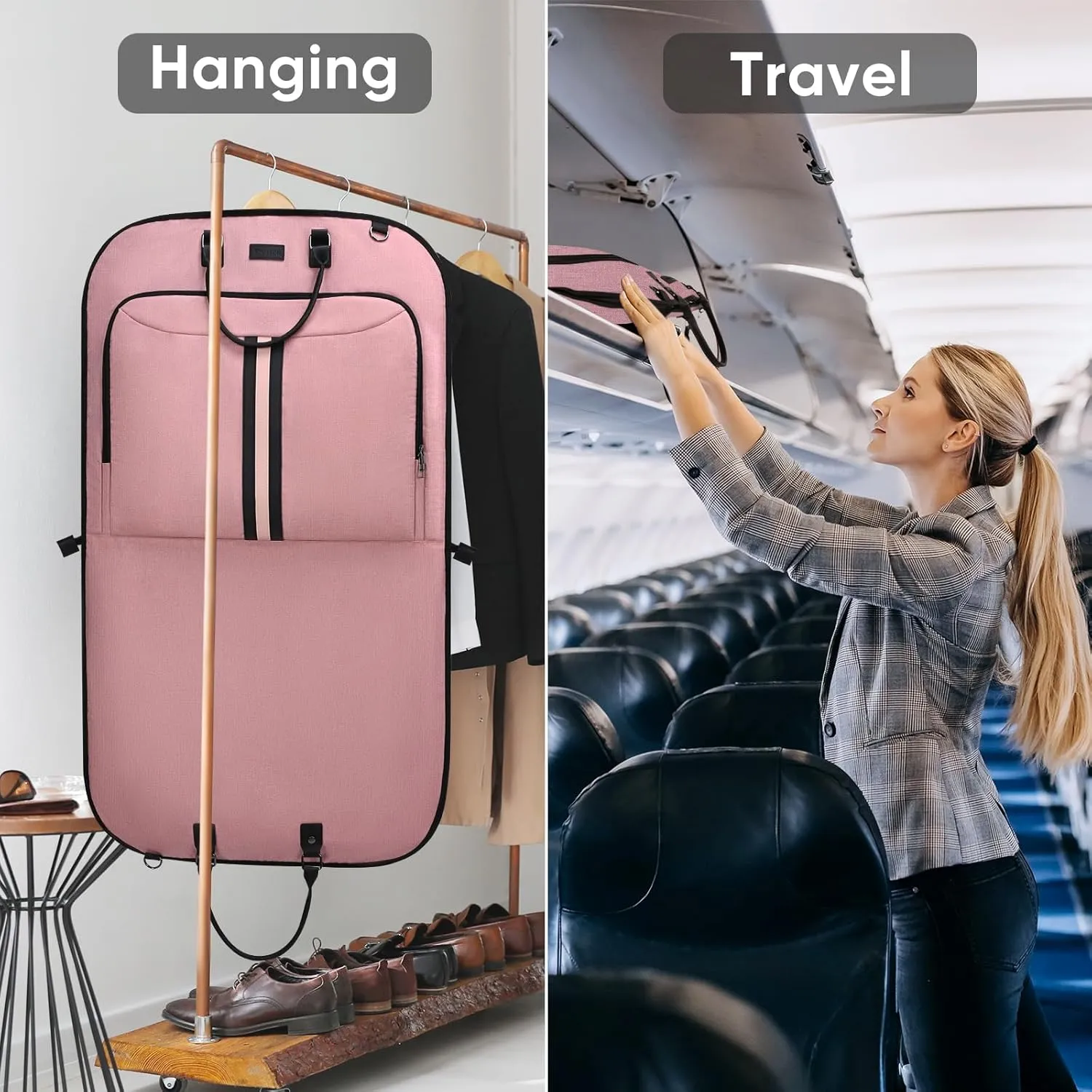 BALEINE Foldable Garment Bags For Travel, 42'' Premium Suit Bags For Men Travel, Carry On Garment Bags for Hanging Clothes (Pink)