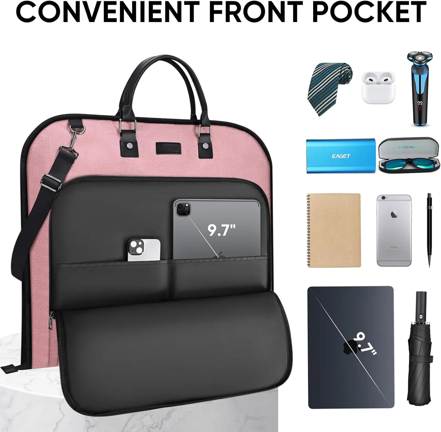 BALEINE Foldable Garment Bags For Travel, 42'' Premium Suit Bags For Men Travel, Carry On Garment Bags for Hanging Clothes (Pink)