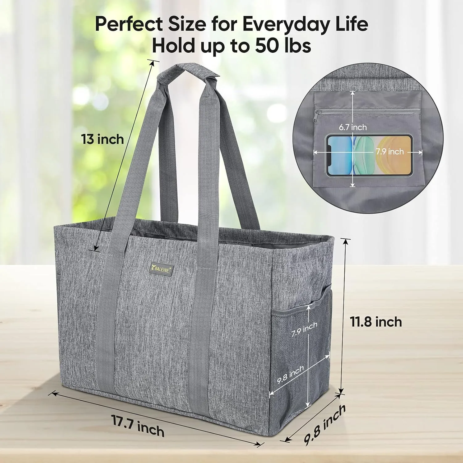 BALEINE Soft 9 Gallon Extra Large Utility Tote, Foldable Reusable Storage Bag (Winter Gray)