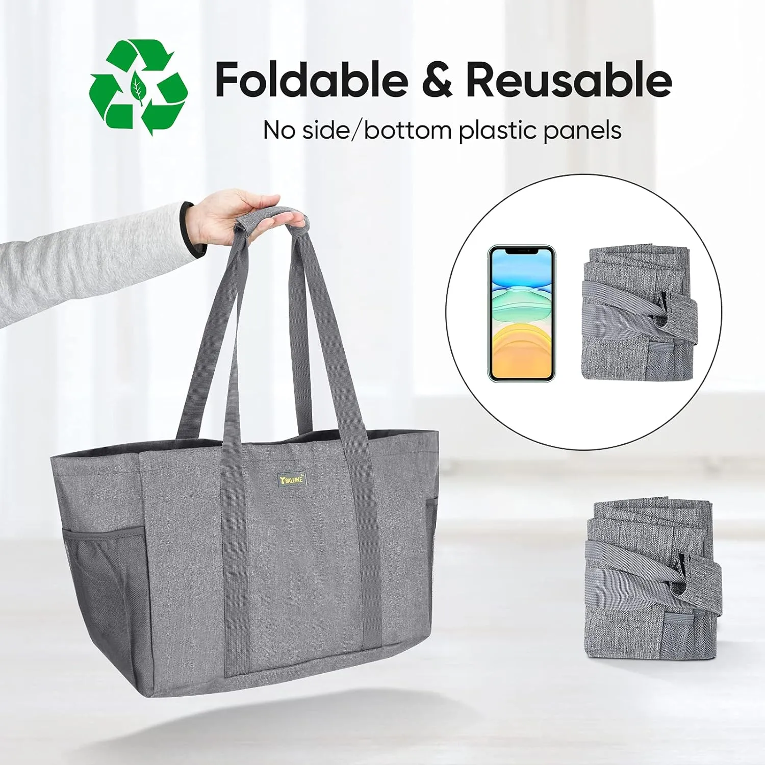BALEINE Soft 9 Gallon Extra Large Utility Tote, Foldable Reusable Storage Bag (Winter Gray)