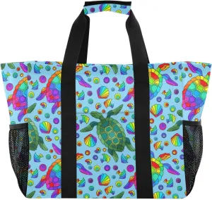 Beach Bag for Women Turtle Colorful Sandproof Pool Bags with Pocket Large Canvas Tote Bag for Travel Beach Gym Pool
