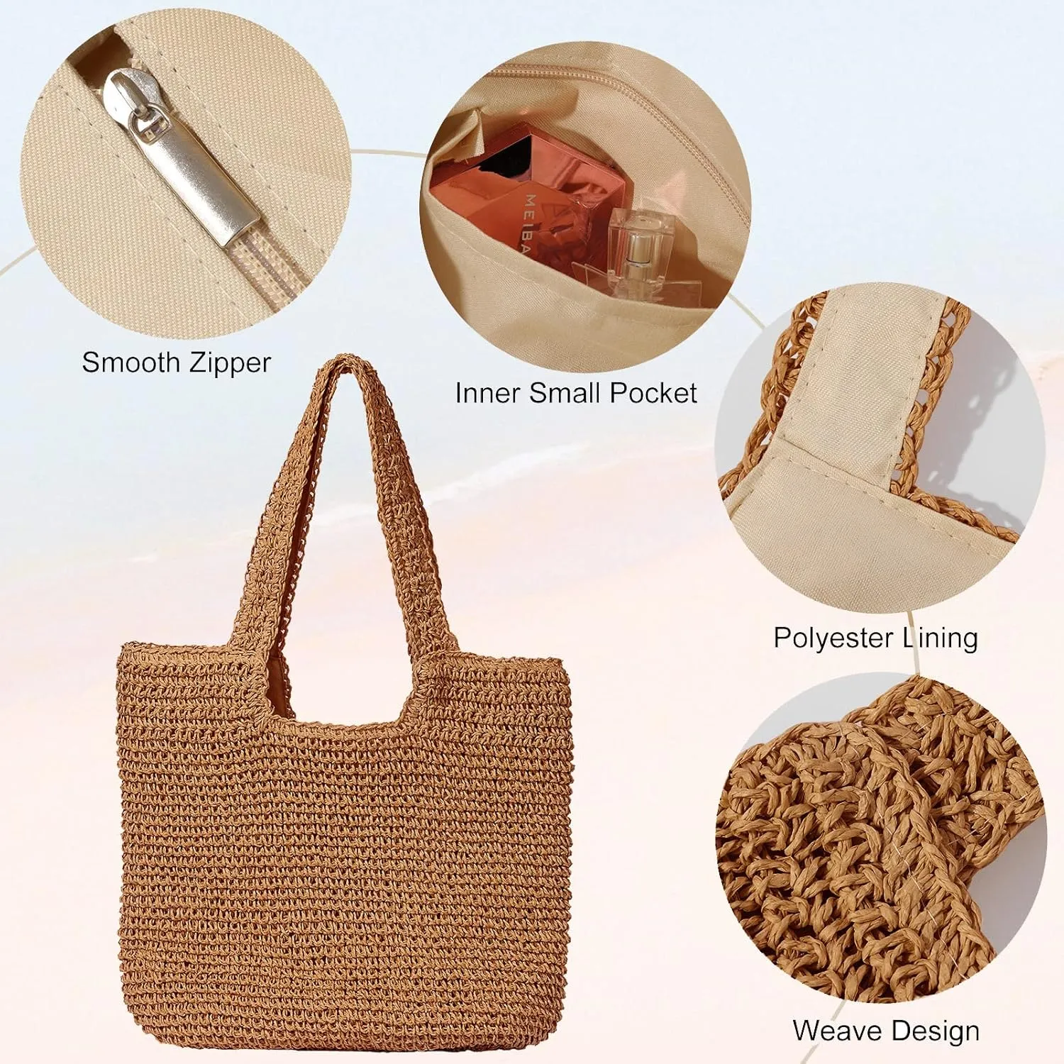 Beach Bags for Women - Summer Soft Large Woven Shoulder Purse Handbag, Beach Tote Straw Bag for Summer Vacation