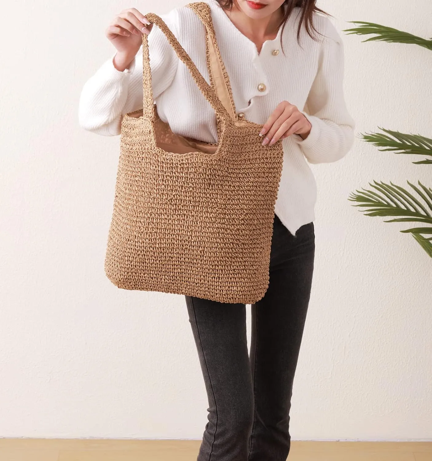 Beach Bags for Women - Summer Soft Large Woven Shoulder Purse Handbag, Beach Tote Straw Bag for Summer Vacation