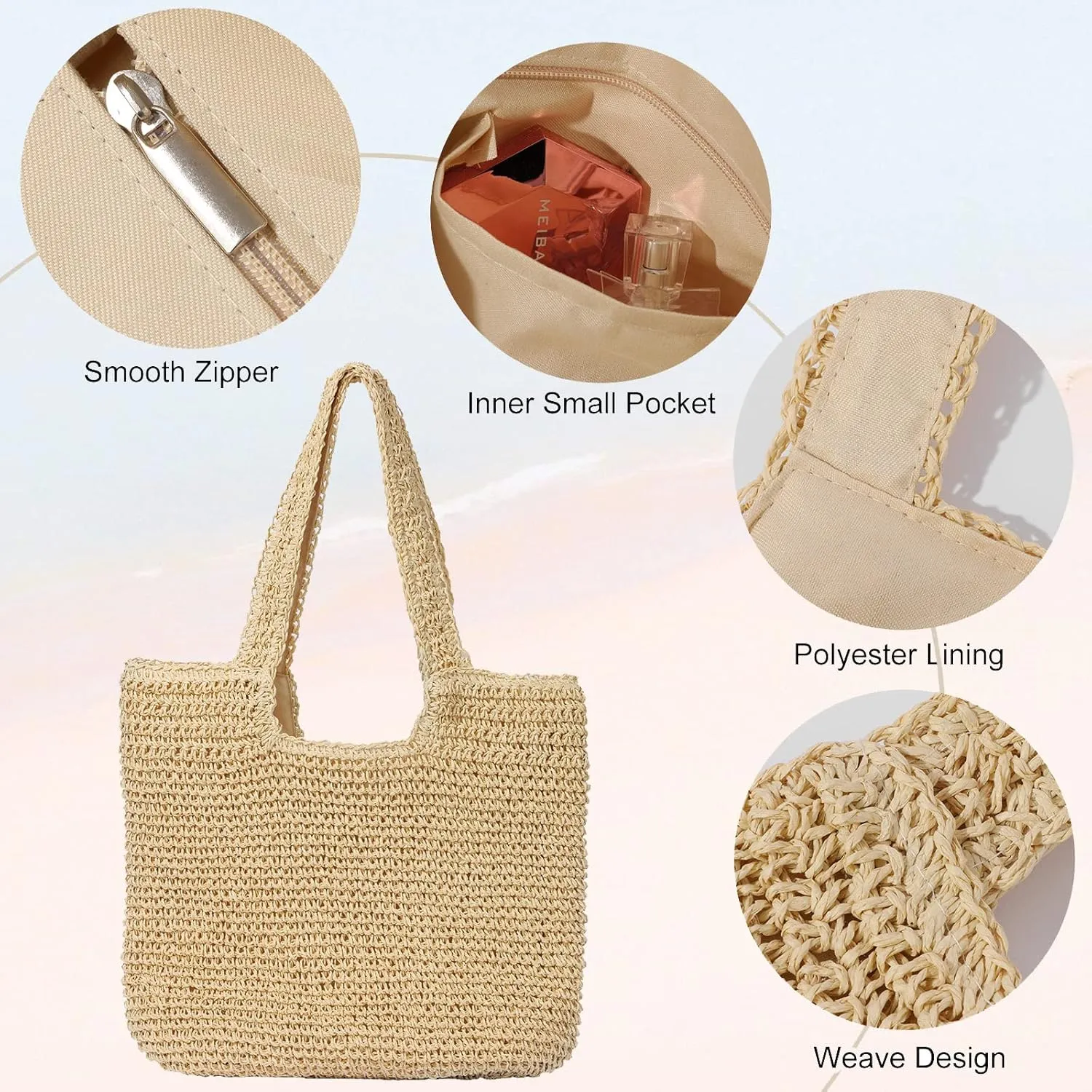 Beach Bags for Women - Summer Soft Large Woven Shoulder Purse Handbag, Beach Tote Straw Bag for Summer Vacation