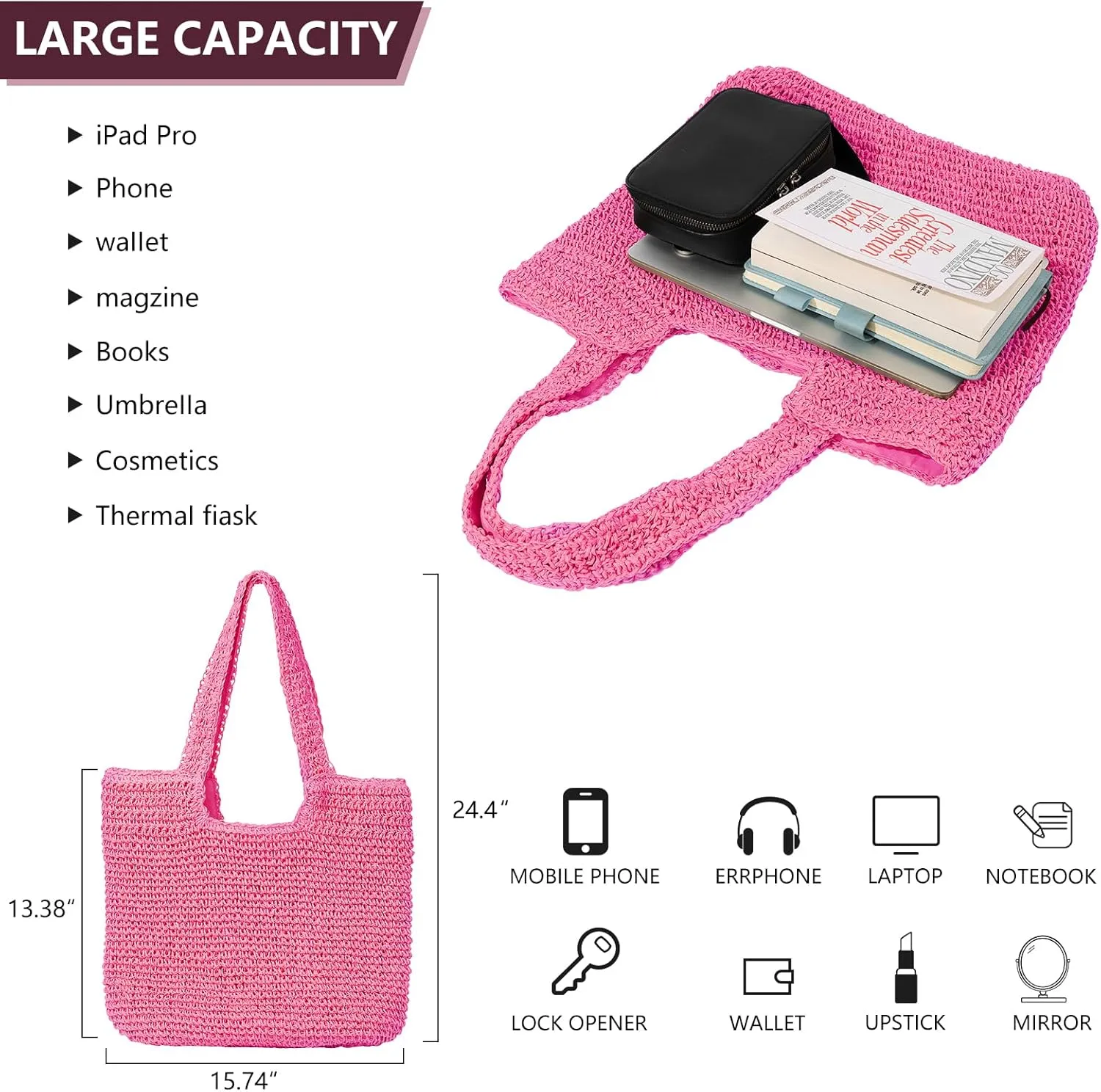 Beach Bags for Women - Summer Soft Large Woven Shoulder Purse Handbag, Beach Tote Straw Bag for Summer Vacation
