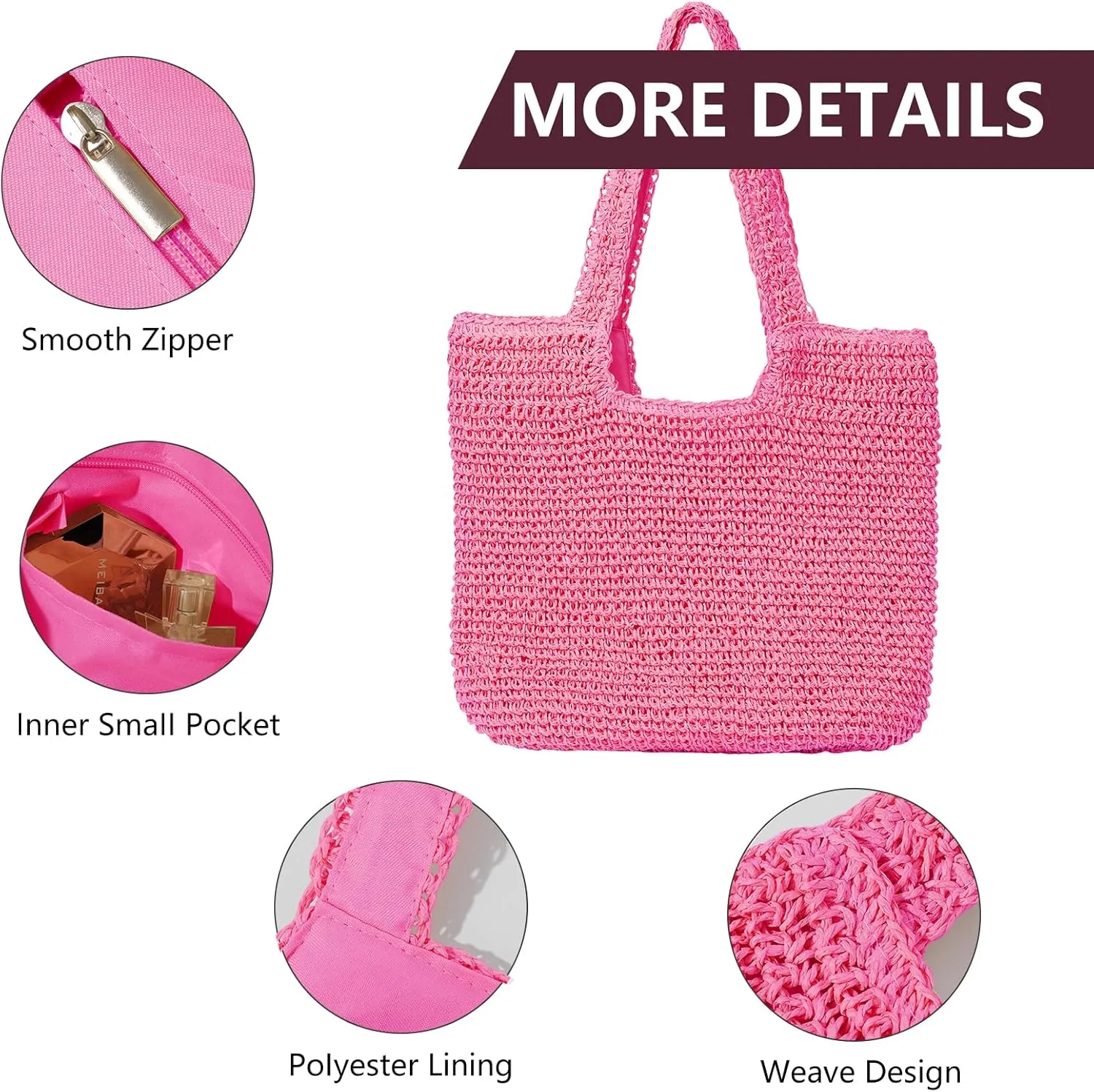 Beach Bags for Women - Summer Soft Large Woven Shoulder Purse Handbag, Beach Tote Straw Bag for Summer Vacation