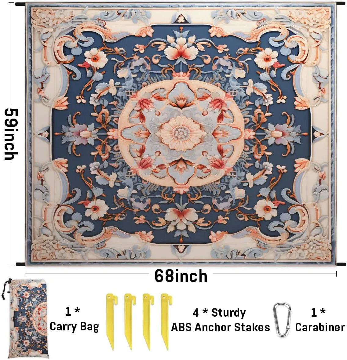 Beach Blanket, Boho Sandproof Beach Mat, Waterproof Quick Drying Sand Free Mat with 4 x Ground Spikes for Outdoor Travel Camping Hiking, Bohemian Floral 68 x 59 in