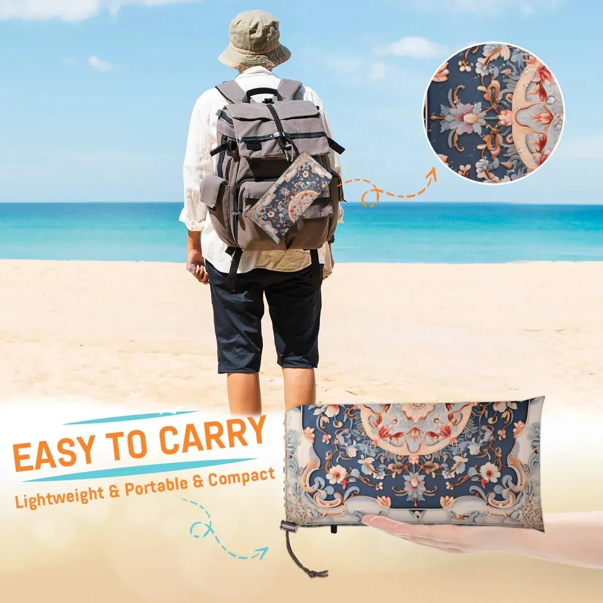 Beach Blanket, Boho Sandproof Beach Mat, Waterproof Quick Drying Sand Free Mat with 4 x Ground Spikes for Outdoor Travel Camping Hiking, Bohemian Floral 68 x 59 in