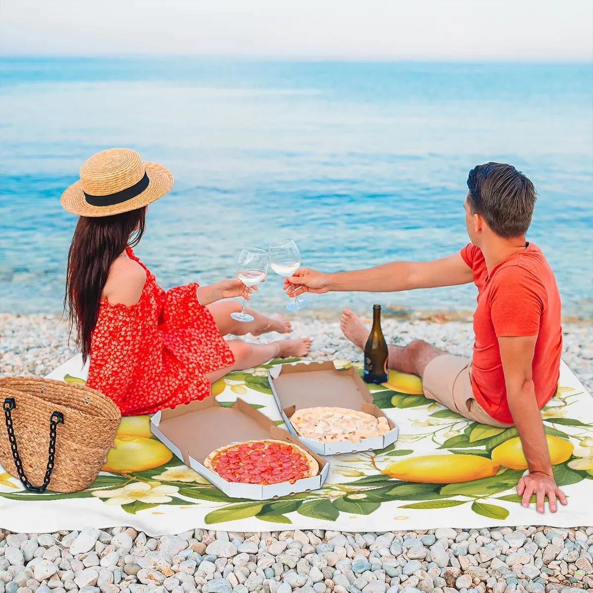 Beach Blanket, Spring Lemon Sandproof Beach Mat, Waterproof Quick Drying Sand Free Mat with 4 x Ground Spikes for Outdoor Travel Camping Hiking, Florals 68 x 59 in