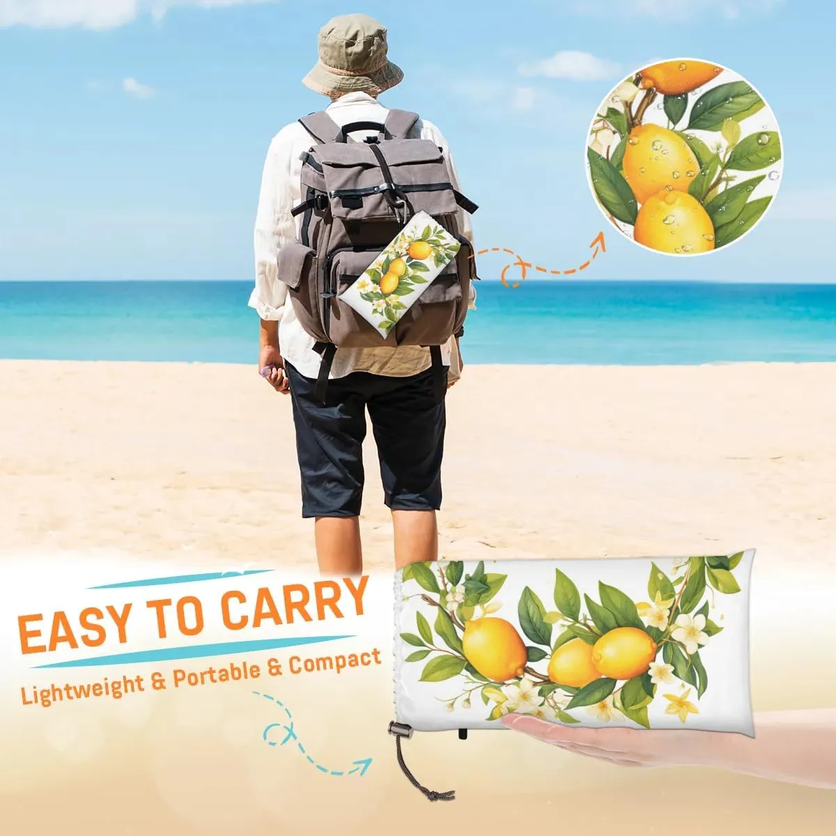 Beach Blanket, Spring Lemon Sandproof Beach Mat, Waterproof Quick Drying Sand Free Mat with 4 x Ground Spikes for Outdoor Travel Camping Hiking, Florals 68 x 59 in