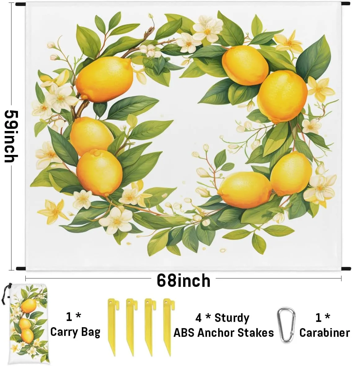 Beach Blanket, Spring Lemon Sandproof Beach Mat, Waterproof Quick Drying Sand Free Mat with 4 x Ground Spikes for Outdoor Travel Camping Hiking, Florals 68 x 59 in