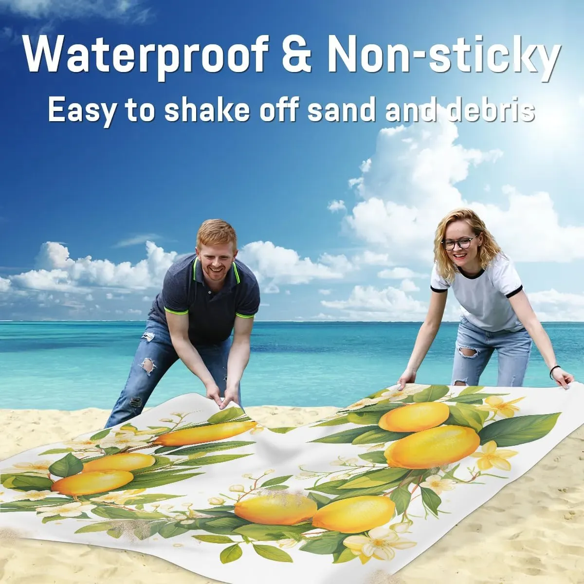 Beach Blanket, Spring Lemon Sandproof Beach Mat, Waterproof Quick Drying Sand Free Mat with 4 x Ground Spikes for Outdoor Travel Camping Hiking, Florals 68 x 59 in