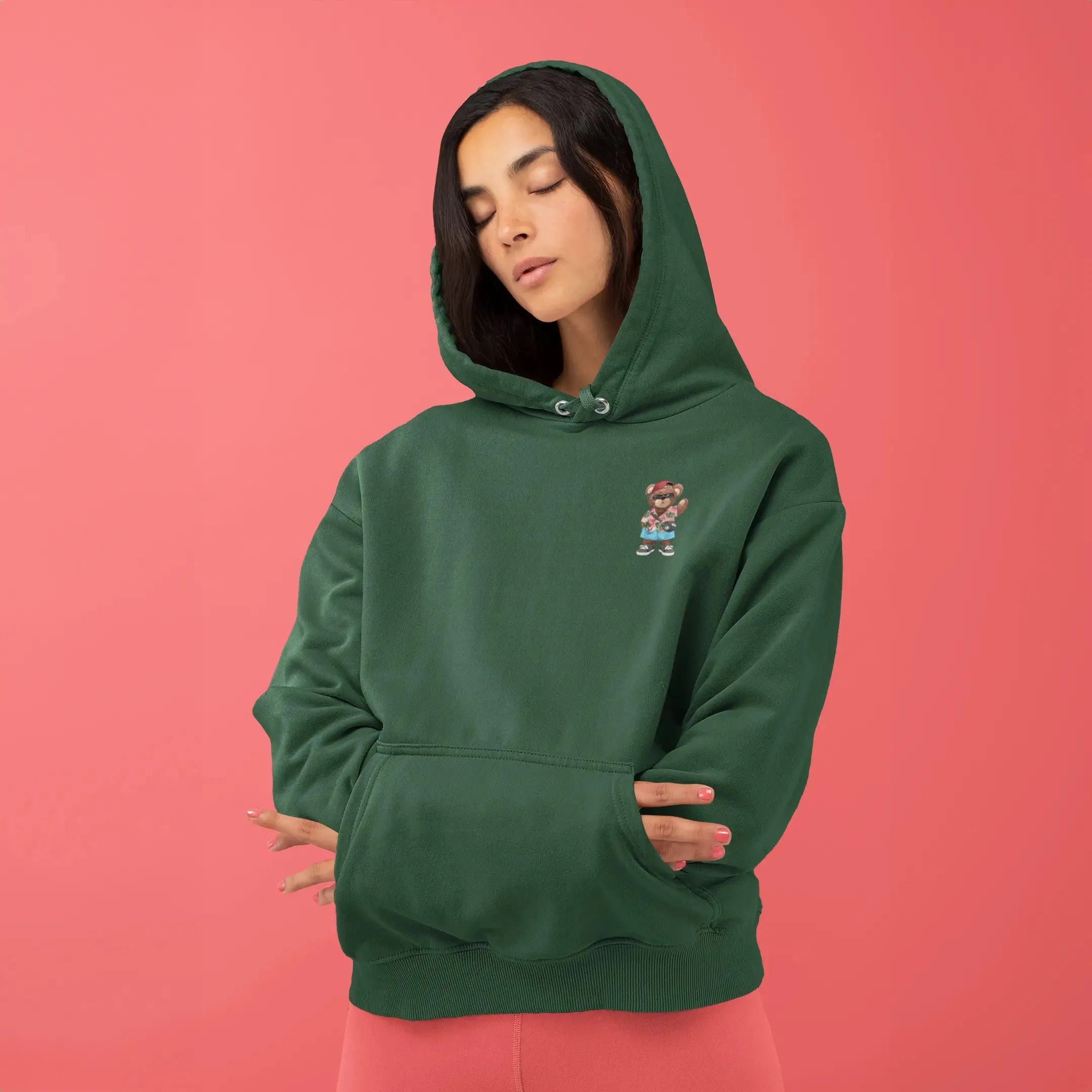 Beach Teddy Bottle Green Oversized Hoodie (Heavyweight)