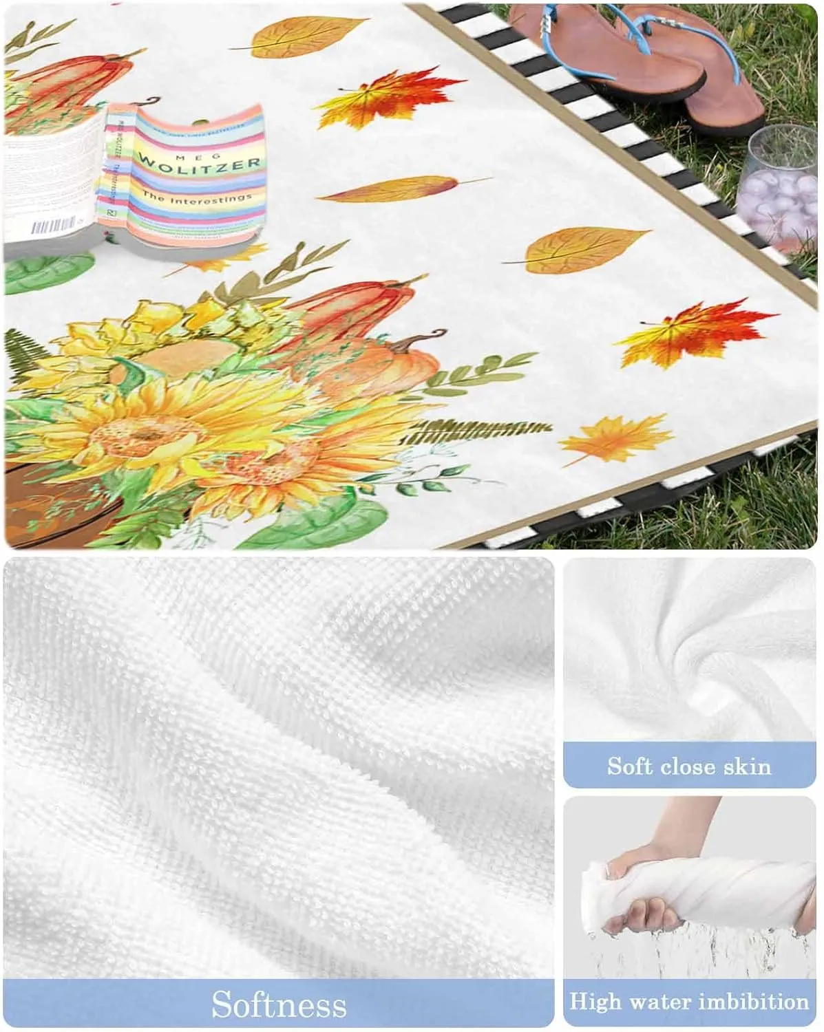 Beach Towel Fall Sunflower Floral Bath Pool Towels Black Buffalo Check Sand Free Blanket Quick Dry Lightweight Travel Blankets for Adults Gifts 30x60in