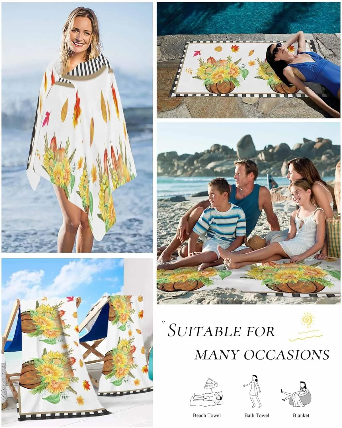 Beach Towel Fall Sunflower Floral Bath Pool Towels Black Buffalo Check Sand Free Blanket Quick Dry Lightweight Travel Blankets for Adults Gifts 30x60in