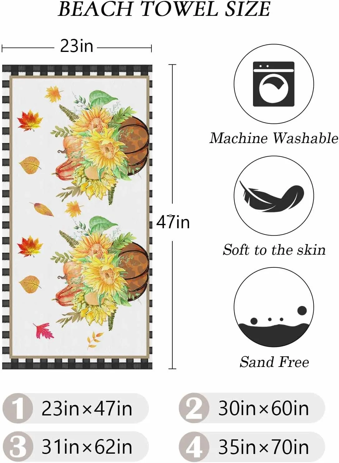 Beach Towel Fall Sunflower Floral Bath Pool Towels Black Buffalo Check Sand Free Blanket Quick Dry Lightweight Travel Blankets for Adults Gifts 30x60in
