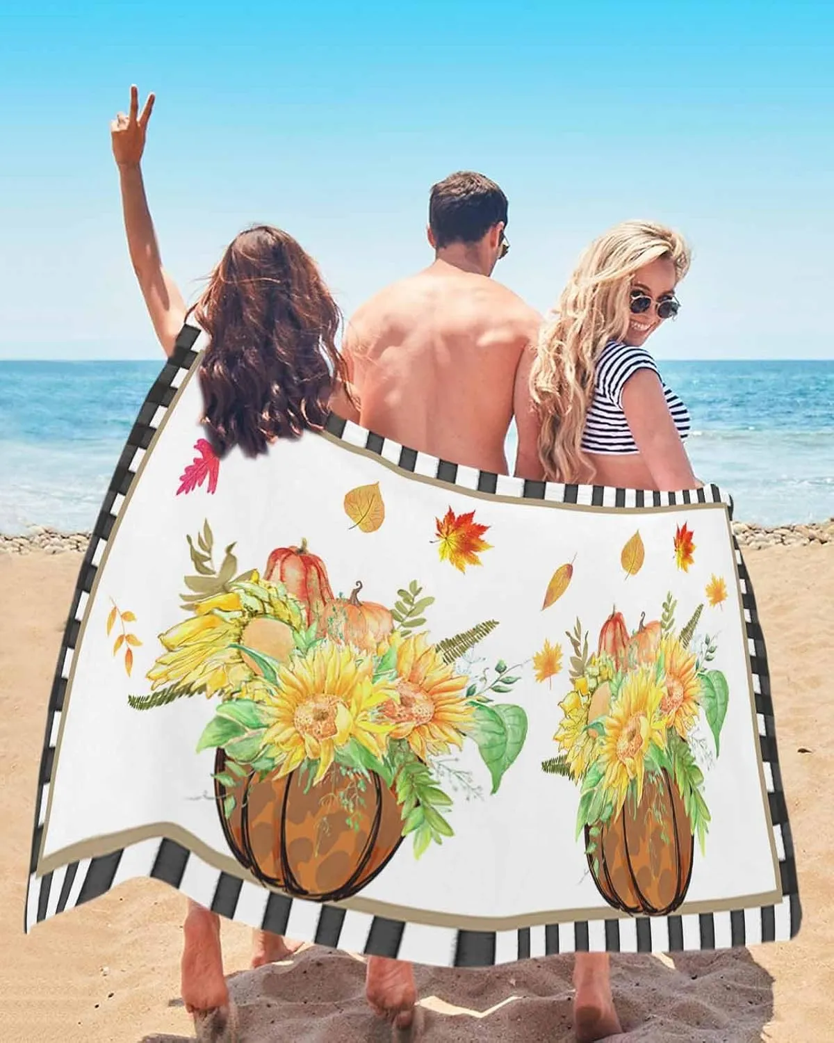 Beach Towel Fall Sunflower Floral Bath Pool Towels Black Buffalo Check Sand Free Blanket Quick Dry Lightweight Travel Blankets for Adults Gifts 30x60in
