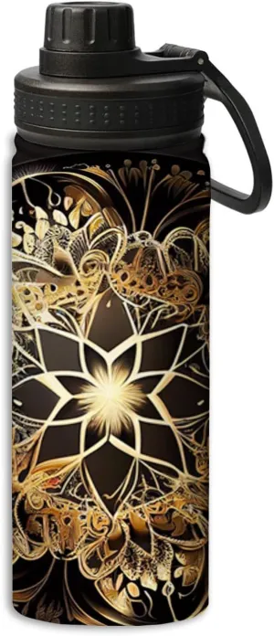 Beautiful Golden Mandala Circle Pattern pattern 18 oz Stainless Steel Water Bottle, Vacuum Insulated Double Walled Leak Proof Sports Water Bottle，Thermo Mug Keep Cold and Hot,Gold Black