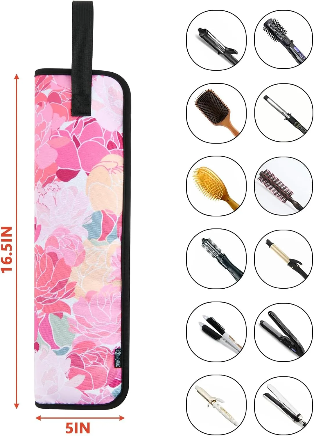 Beautyflier Universal Curling Iron Travel Case, Heat-Resistant, Canvas, Pink Flower (1 Count Pack of 1), for Hair Tools Travel Bag or Daily Use