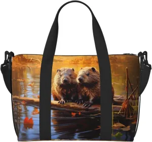 beaver working3 print Gym Bag for Women,Carry on Weekender Overnight Duffle Bag,Personal Item Tote Bag